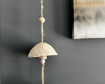 Handmade Ceramic Bell – White on White Boho Indoor Hanging Bell with Stoneware Clay | Botanical Bell Art | Clay Stories Home Decor