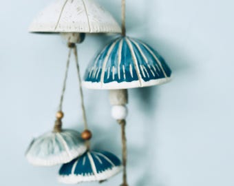Handmade Ceramic Bell – White & Aqua Green Indoor Hanging Bell with Stoneware Clay | Botanical Bell Art | Clay Stories Home Decor