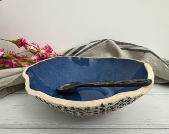 Indigo Blue on White Stoneware Sea Glass Handmade Pottery Bowl Distressed Textured Bottom Rustic Hand-Built Rustic Anissa Marie Pottery