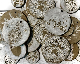Handmade Ceramic Christmas Ornaments – Stoneware Rustic Glitter Holiday Decor | Minimalist Neutral & White | Event | Wedding Ornaments Jute