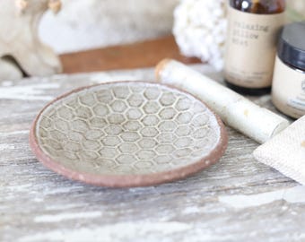 White Honeycomb Spa Soap Dish / Candle Holder Ceramic Handmade Pottery Spa Soap Dish - Farmhouse Tea Bag Jewelry Snack - Bed and Bath Decor