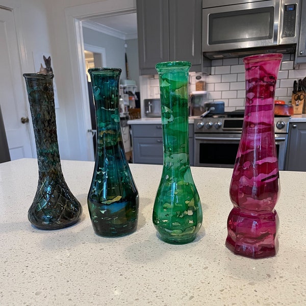 Resin coated alcohol ink decorative glass vase, stained glass effect