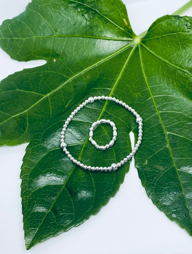 Silver Stackable Ring and Bracelet Set Sterling Silver Beaded Jewellery Set Sterling Silver Timeless Beaded Bracelet and Ring Set