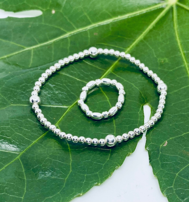 Silver Stackable Ring and Bracelet Set Sterling Silver Beaded Jewellery Set Sterling Silver Timeless Beaded Bracelet and Ring Set