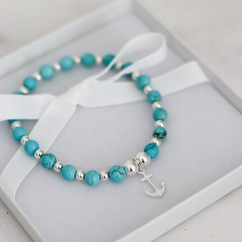 Sterling Silver and Turquoise Anchor Charm Bracelet - Anchor Bracelet - Silver Bracelet with Anchor - Turquoise Bracelet good with Anchor