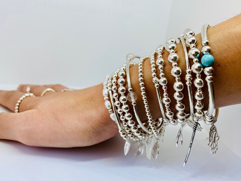 Silver Stackable Ring and Bracelet Set Sterling Silver Beaded Jewellery Set Sterling Silver Timeless Beaded Bracelet and Ring Set