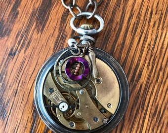 SteamPunk * Antique Pocket Watch * Brass Necklace Gears Spring Purple Glass Sterling Silver ~One of a Kind