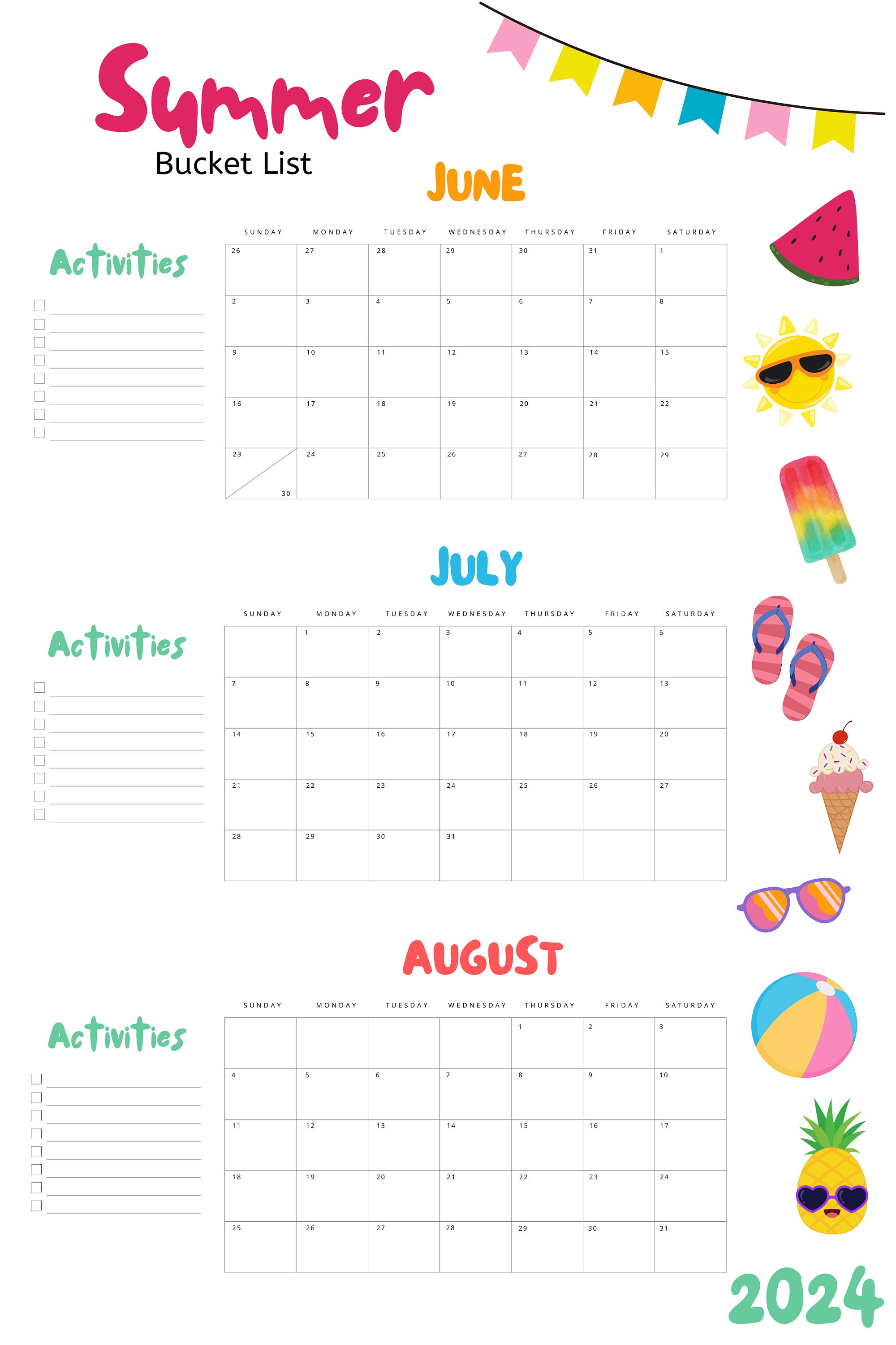 PRINTABLE 2024 Summer Bucket List and Calendar Large Print Calendar