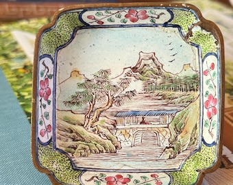 Antique Collectible!  1800s Hand-Painted Enameled Copper Trinket or Ring Dish River and Mountains Nature Scene