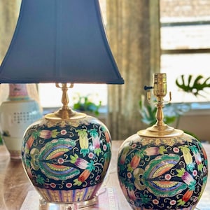 Free Shipping! Pair of Chinese Famille Noire Butterfly Ginger Jar Lamps