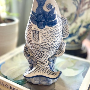 9” Koi Fish Blue and White Chinoiserie Vase