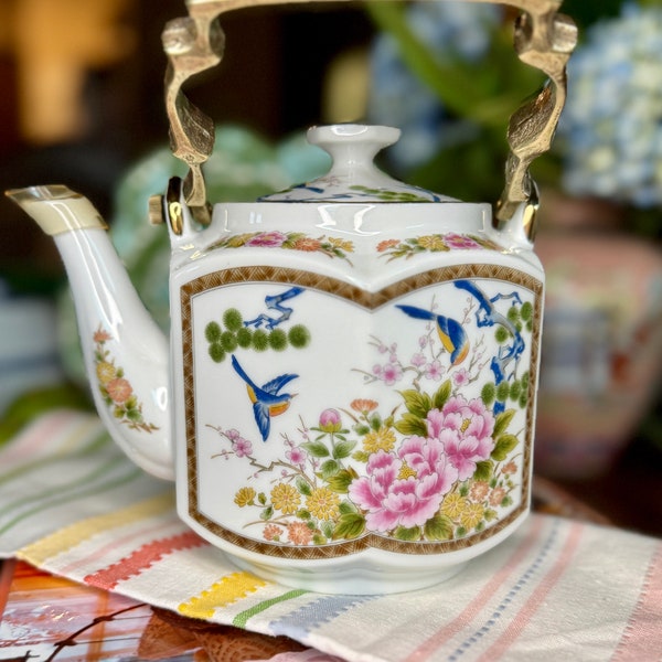 Homco Floral Porcelain Tea Pot with Bluebirds and  Peonies SALE 38.00