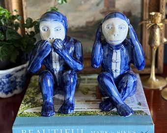 SALE! Blue and White Chinoiserie Monkey Pair- Speak No Evil, Hear No Evil