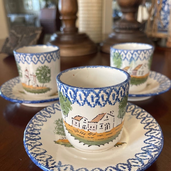 French Faience Saint Clément Lunéville 3 Sponge Ware Cups and Saucers