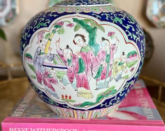 Cobalt Blue Tonghzi Rose Medallion Ginger Jar
