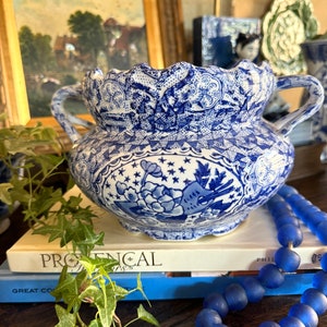 Double Handle Blue and White Chinoiserie Cache Pot