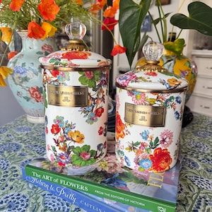 Pair of Mackenzie Childs Flower Market Canisters with Glass Knobs