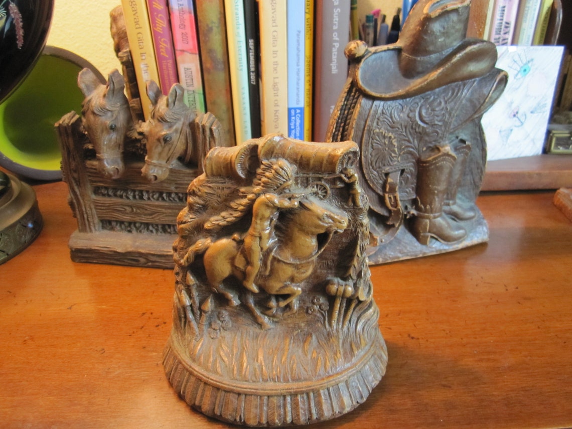 Syroco Wood Antique Western Bookend Cowboy and Indian Etsy