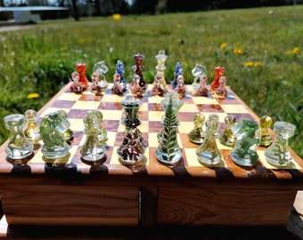 Chess set, Forest vs Flowers chess, themed chess set, botanical chess, nature gifts, unique chess, chess set puzzle board, encasing nature