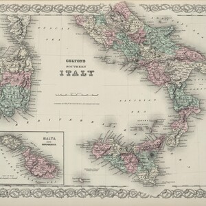 Original 1874 Map of Southern Italy