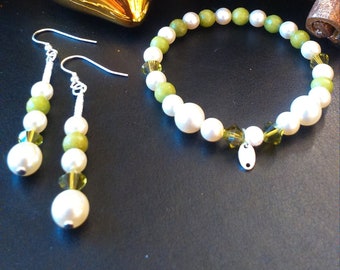 Jade with Swarovski® Pearls Crystals and Sterling Silver bracelet & Earrings birthday her mother bridal bridesmaid gift Prom anniversary mum