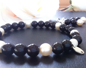 Midnight Black Onyx & Swarovski®pearl bracelet and  Monochrome Sterling Silver earrings set birthday anniversary prom  bridesmaid gift mum