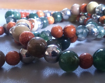 Picture Jasper or Indian Agate Semi precious Gemstone with Electroplated Silver Hematite birthday gift him man gift Christmas gift for him