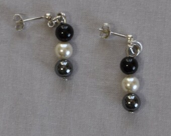 Monochrome Earrings  Hematite & Black Onyx with Swarovski®Pearls and Sterling Silver special occasion Anniversary Birthday Bridesmaids gift