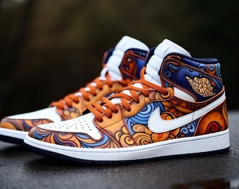 Custom Orange and Blue Tattoo Style Artwork Themed Jordan 1 (can