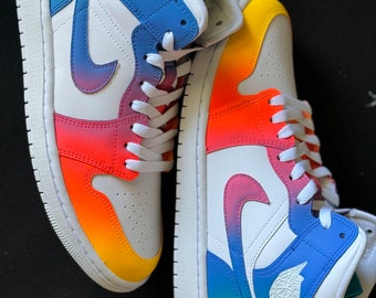 Baskets Sunrise Custom jordan mids orange, violet, jaune, bleu, rose  homme femme