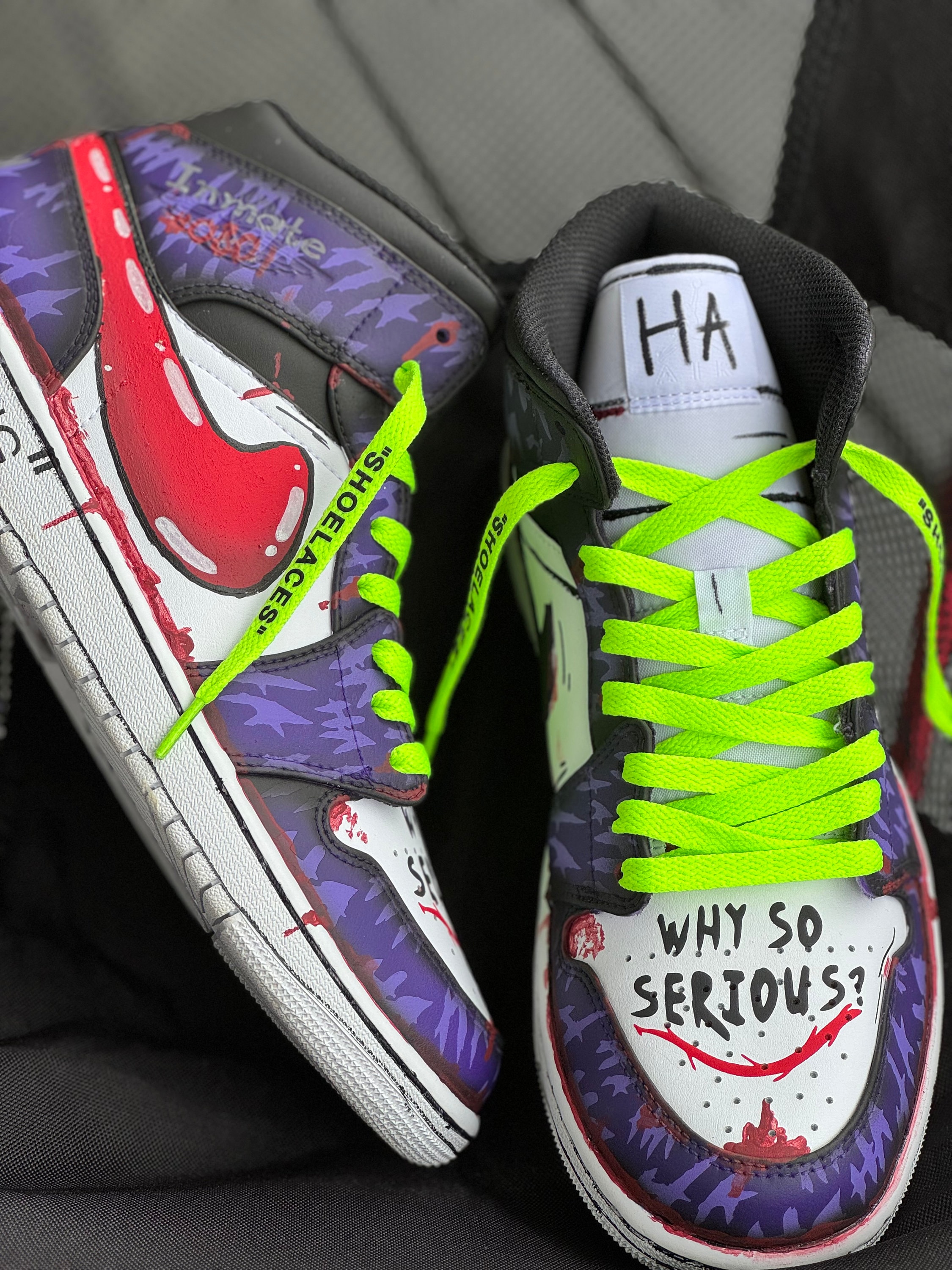 Joker, off White Themed Purple and Green Custom Jordan 1 Mids