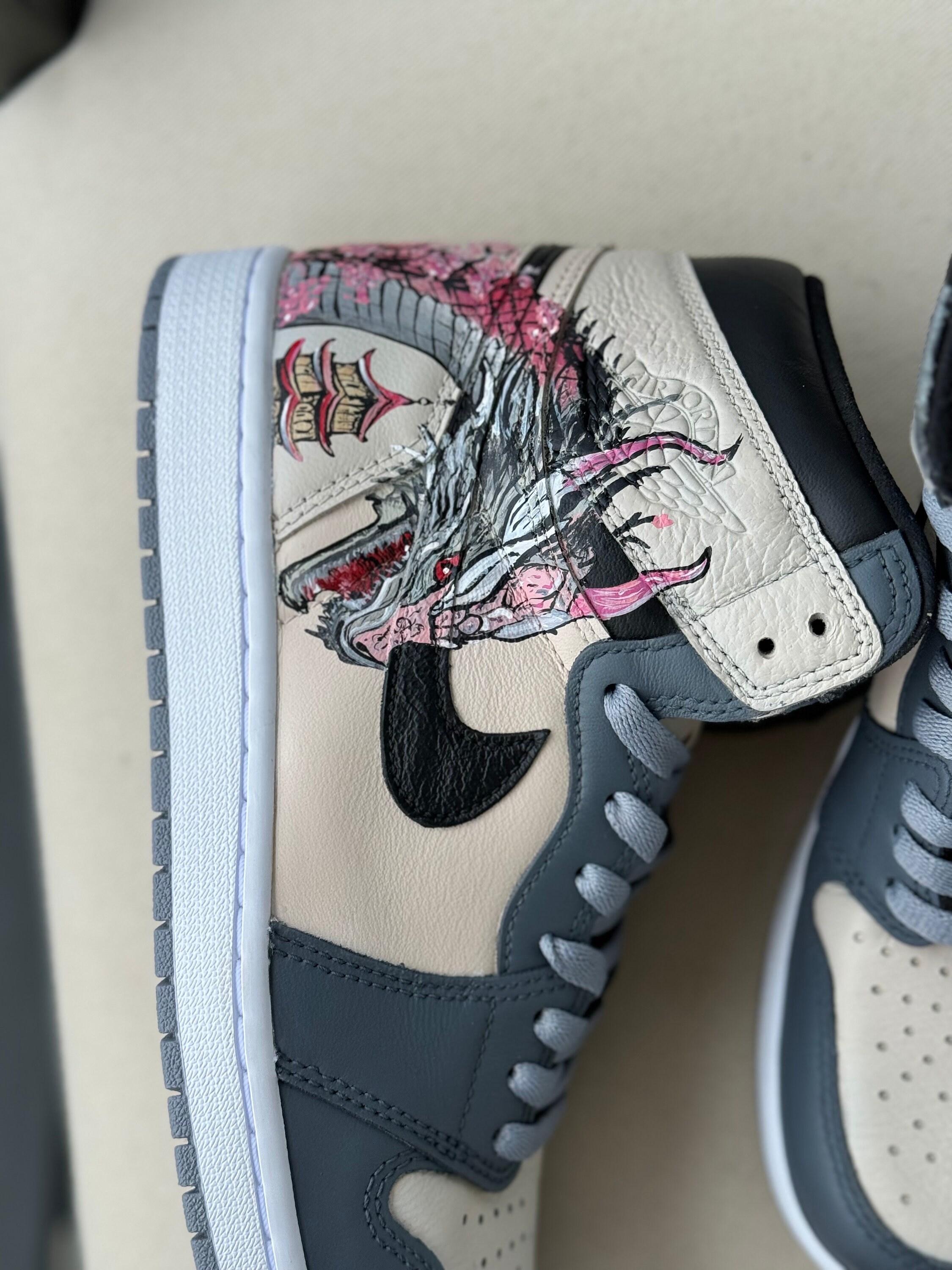 Custom Pink and Grey Cherry Blossom Dragon Themed Jordan 1