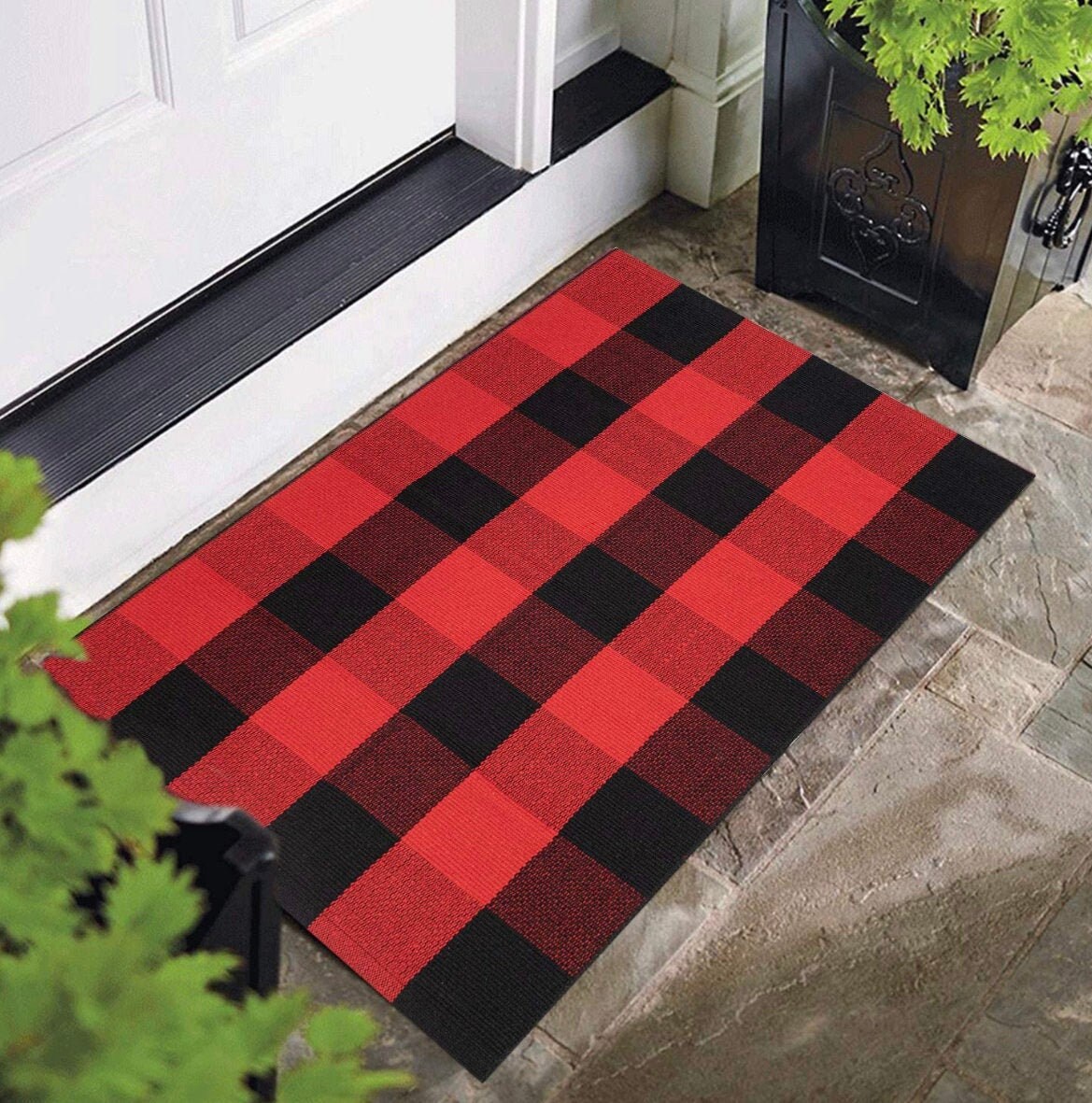 Buffalo Plaid Outdoor Red And Black Check Front Door Mat Washable