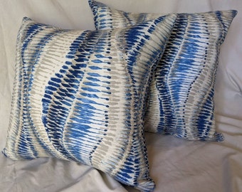 Duralee Blue and Tan: Luxury 16" Square Throw Pillow Cover, Country, Bohemian, designer, Boho, Classic, Contemporary