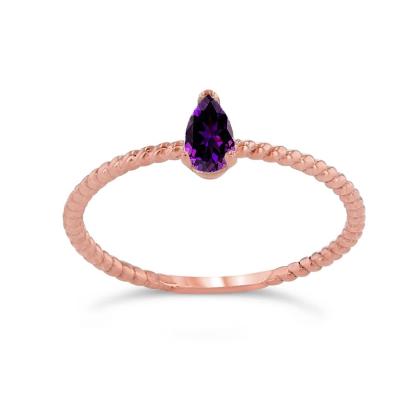 dainty genuine amethyst pear shape rope ring in rose gold