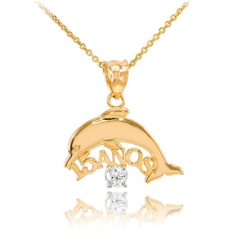14k Gold 15 Años Dolphin Cz Pendant Necklace Quinceanera Quinceañera
