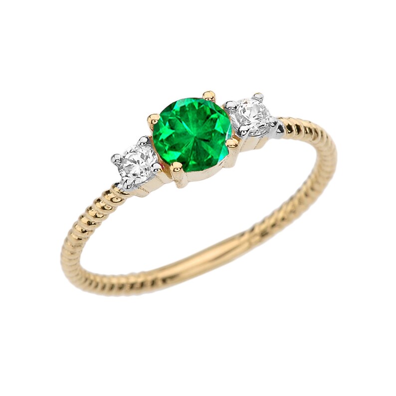 Dainty Yellow Gold Emerald And White Topaz Rope Design ENGAGEMENTPROMISE RING
