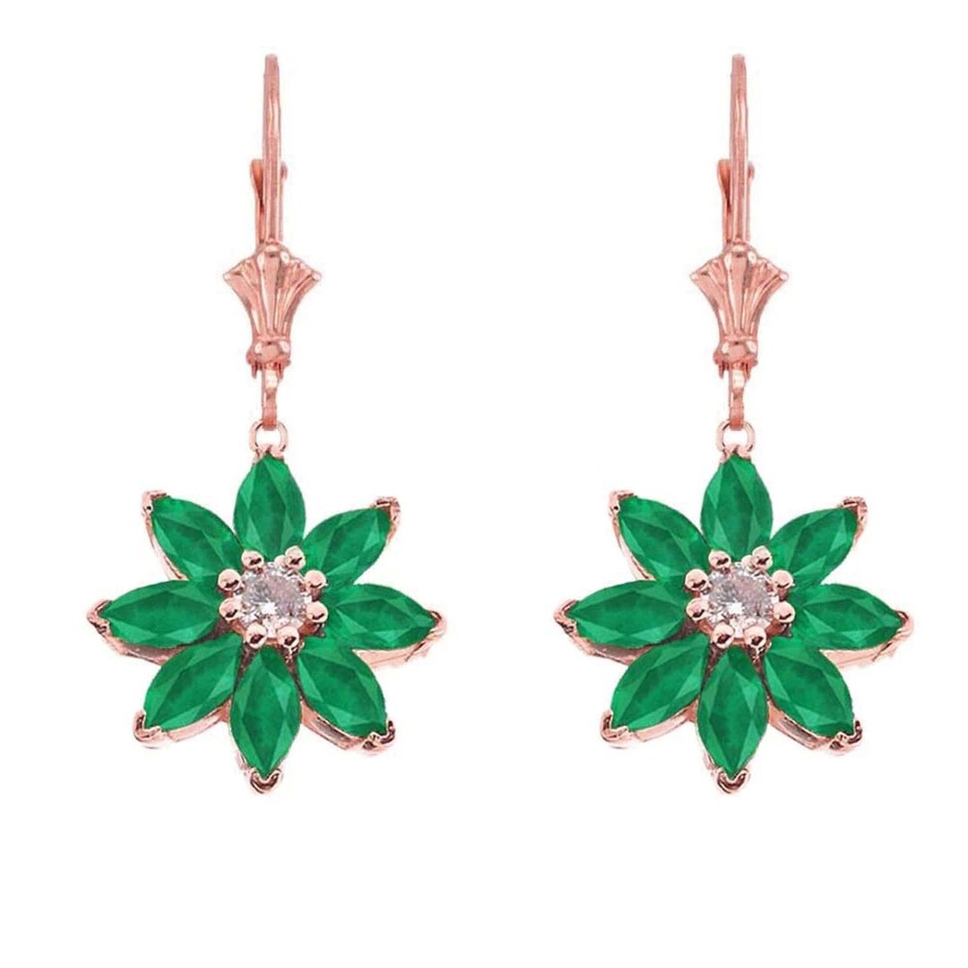 Emerald and Diamond Daisy Leverback Earrings in 14k Rose Gold Etsy UK