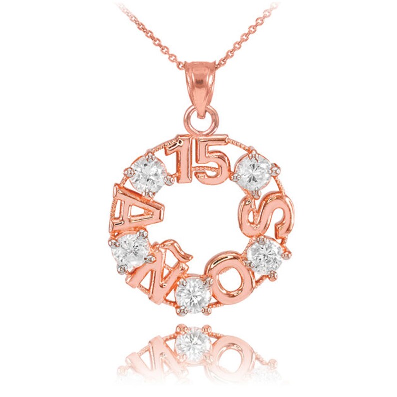 14k Rose Gold 15 Años Cz Pendant Necklace Quinceanera Quinceañera