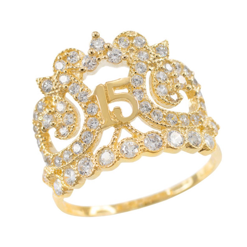 Gold Crown 15 Anos Cz Ring Quinceanera Ring Quinceañera Etsy
