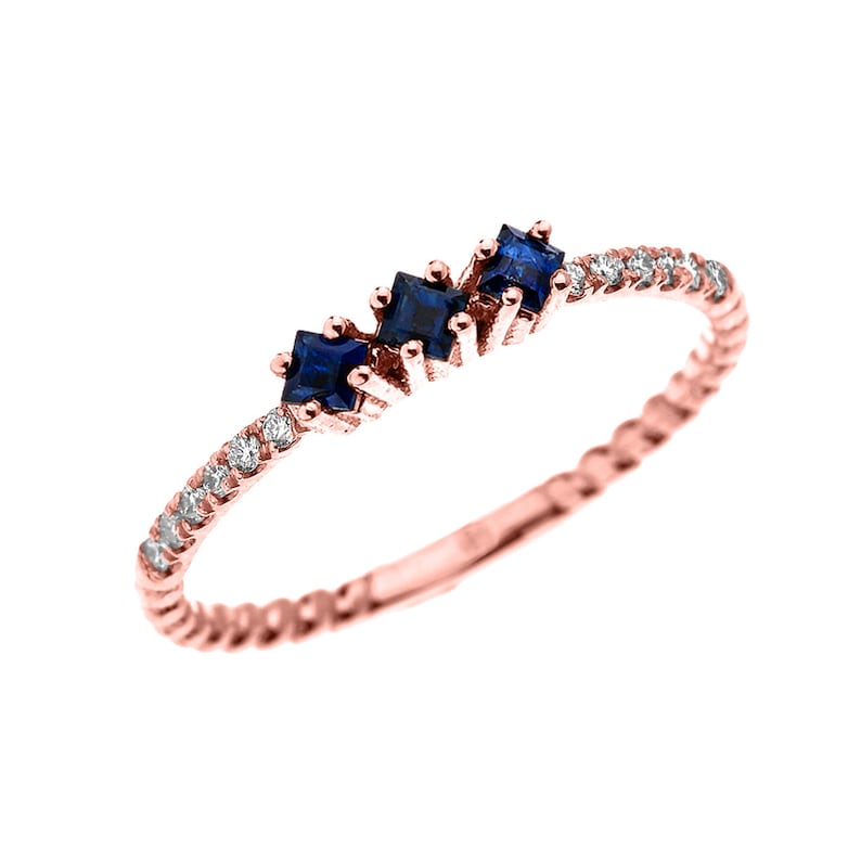 Rose Gold Dainty Three Stone Sapphire And Diamond Rope Design ENGAGEMENTSTACKABLE RING