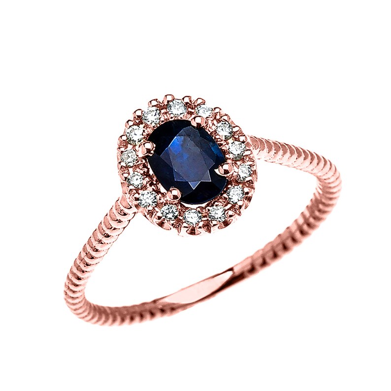 Rose Gold Dainty Halo Diamond And Oval Sapphire Solitaire Rope Design ENGAGEMENTPROMISE RING