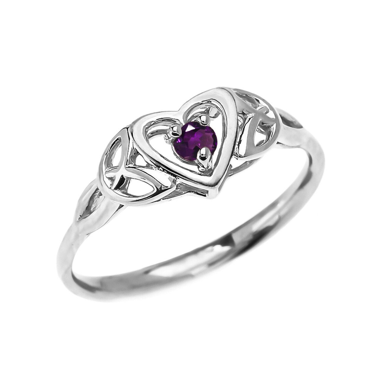 Dainty 10k White Gold Trinity Knot Heart Solitaire Diamond Engagement and Proposal Ring