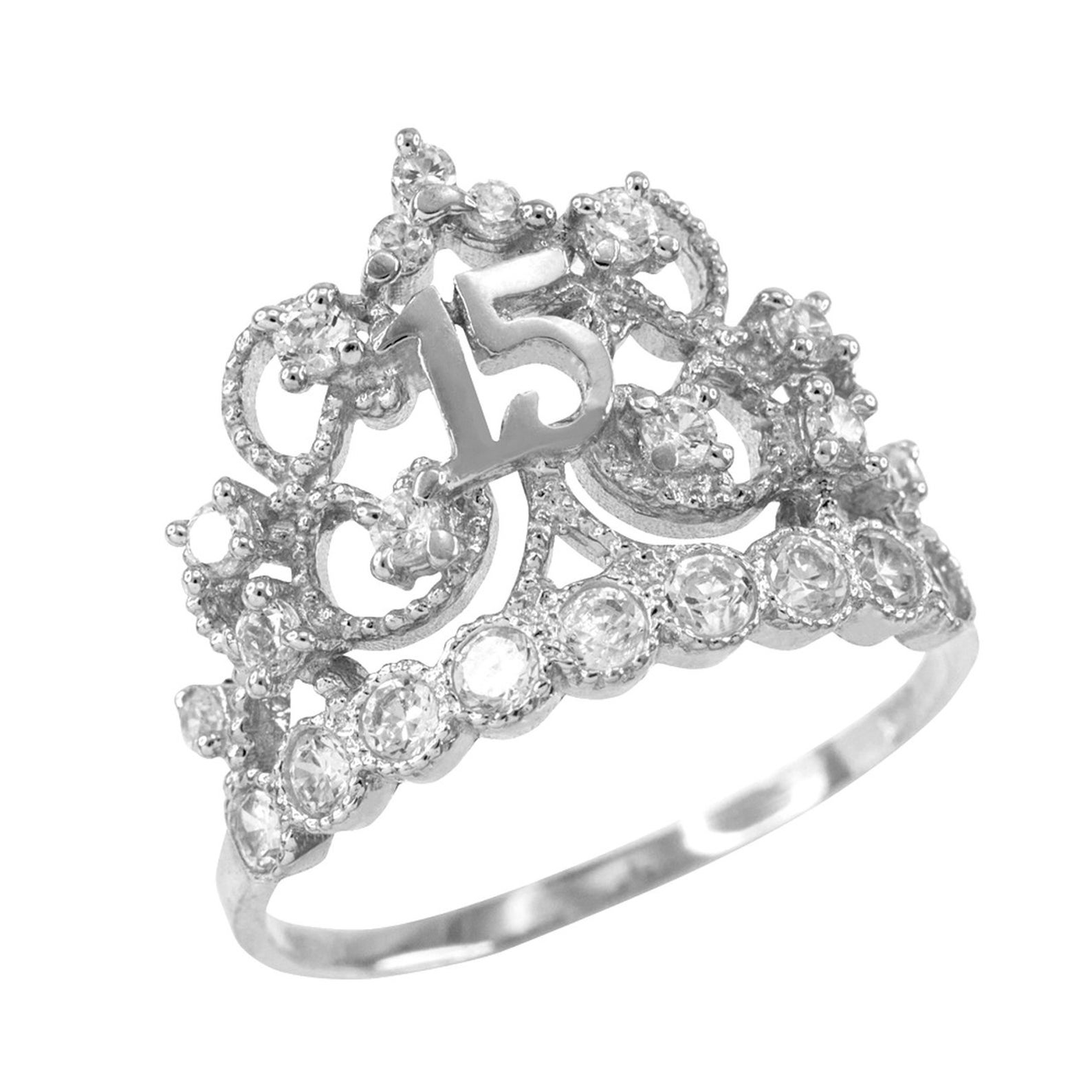 White Gold Crown Quinceanera 15 Anos Cz Ring Etsy