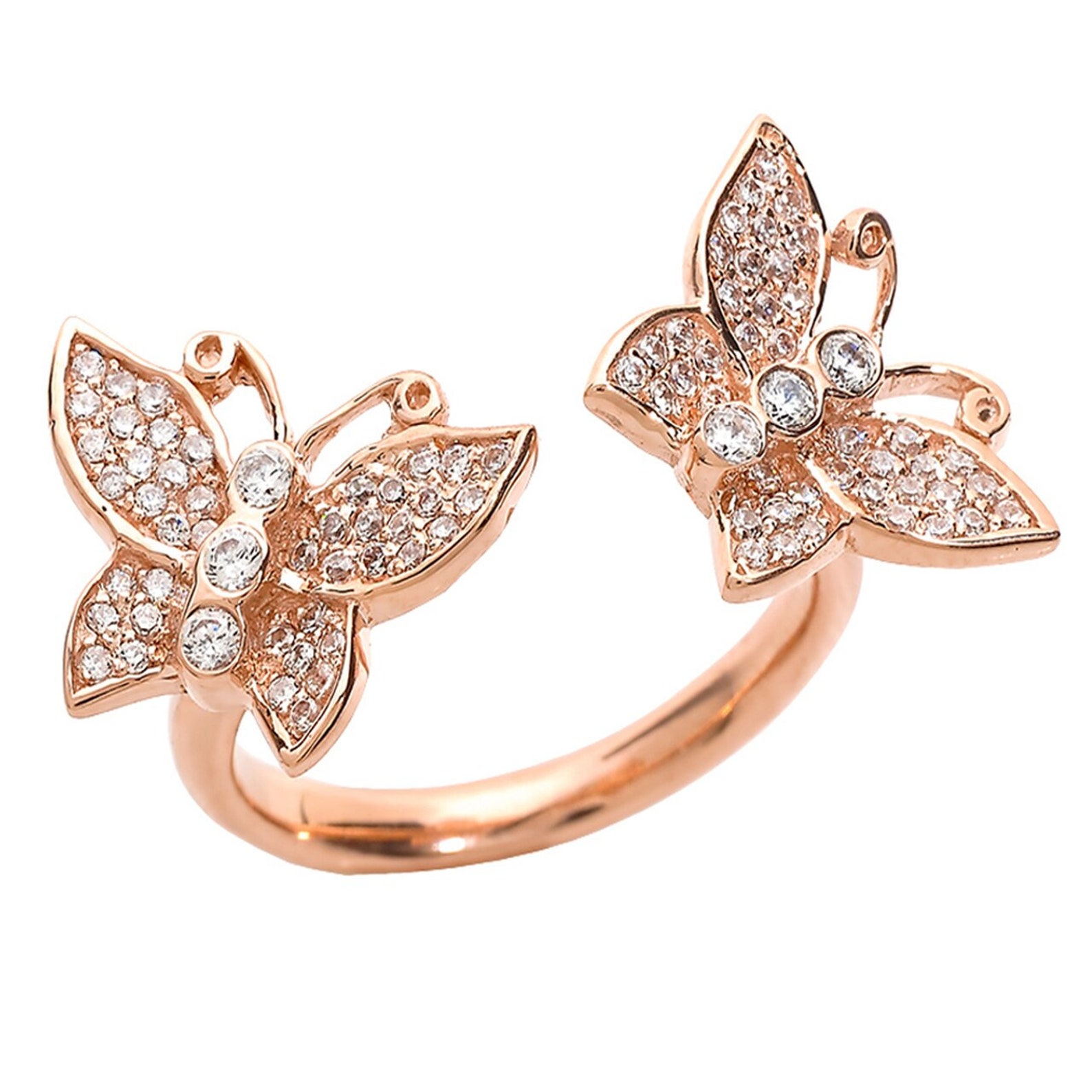 14k Rose Gold Diamonds Studded Double Butterfly Ladies Ring Etsy