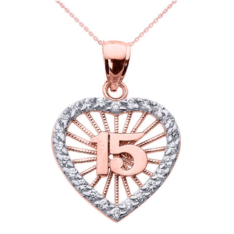 Rose Gold Sweet 15 Años Quinceanera Cz Heart Pendant Necklace Quinceañera