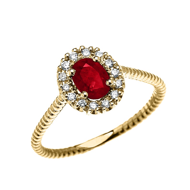 Yellow Gold Dainty Halo Diamond And Oval Ruby Solitaire Rope Design ENGAGEMENTPROMISE RING