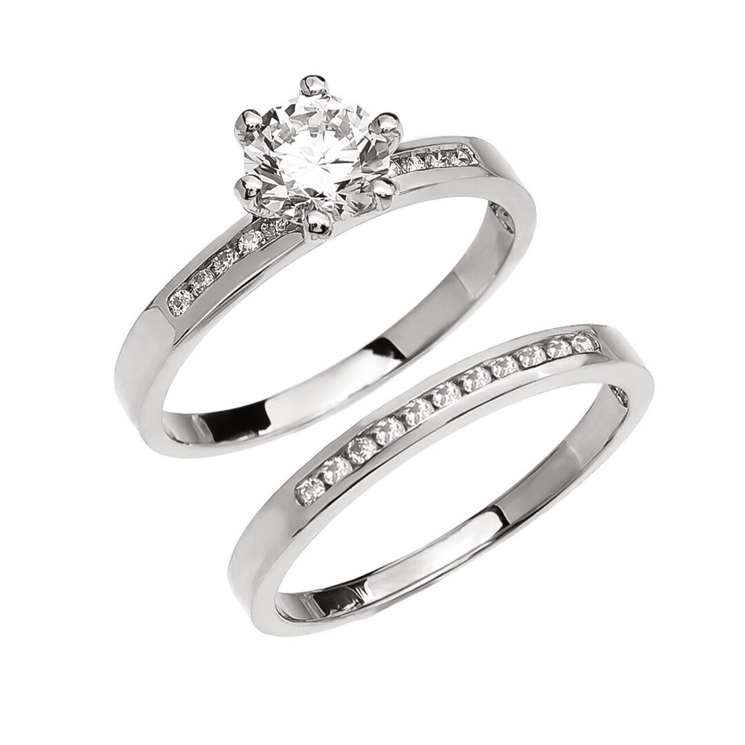 Diamond Channelset White Gold Engagement and Wedding Ring Set Etsy