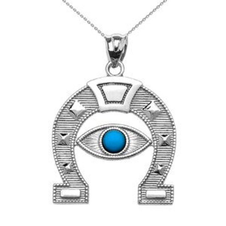 White Gold Evil Eye Protection Horse Shoe Good Luck Pedant Necklace
