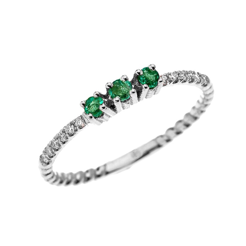 White Gold Dainty Three Stone Emerald And Diamond Rope Design ENGAGEMENTSTACKABLE RING